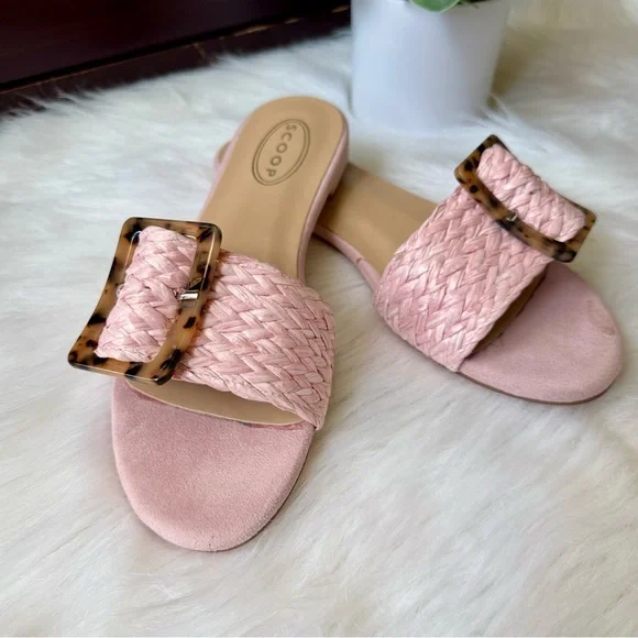 Scoop Rolie Tortoise Buckle Pink Raffia Slide Flat Sandal Size 7.5 - Picture 4 of 12